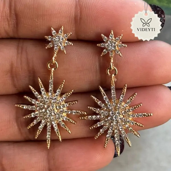 Gold-tone crystal sunburst drop earrings