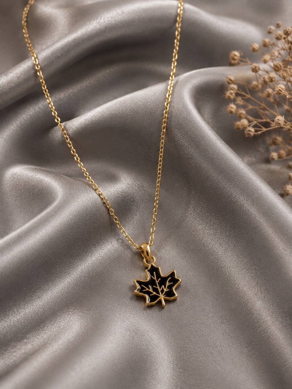 Black Enamel Maple Leaf Pendant Necklace