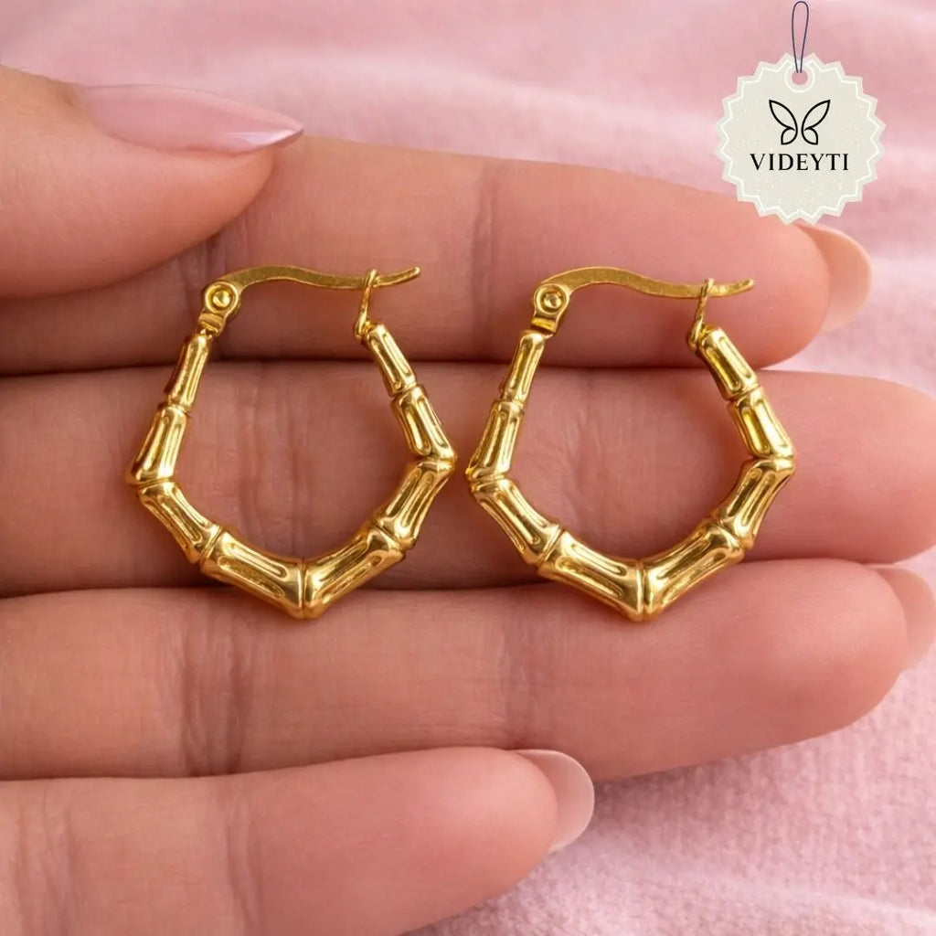 Bamboo-inspired hexagonal gold-tone hoop earrings