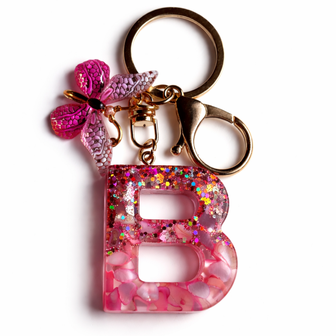 Pink Glitter Letter “A-Z” Keychain Charm with Butterfly