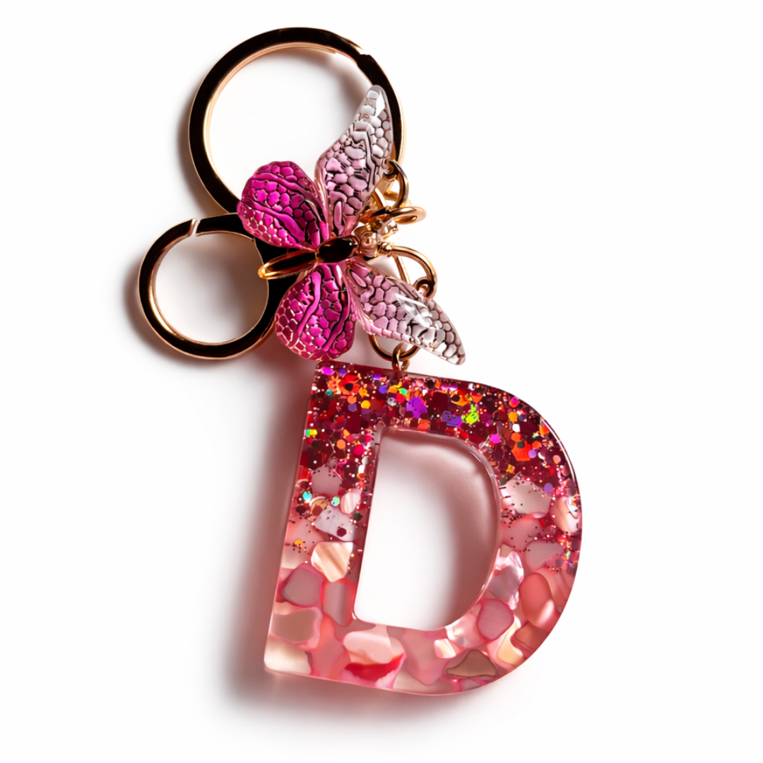 Pink Glitter Letter “A-Z” Keychain Charm with Butterfly