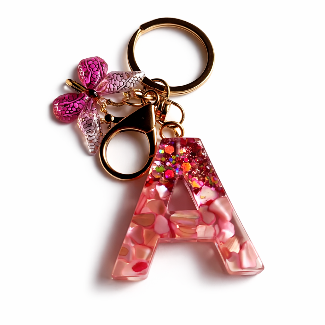 Pink Glitter Letter “A-Z” Keychain Charm with Butterfly