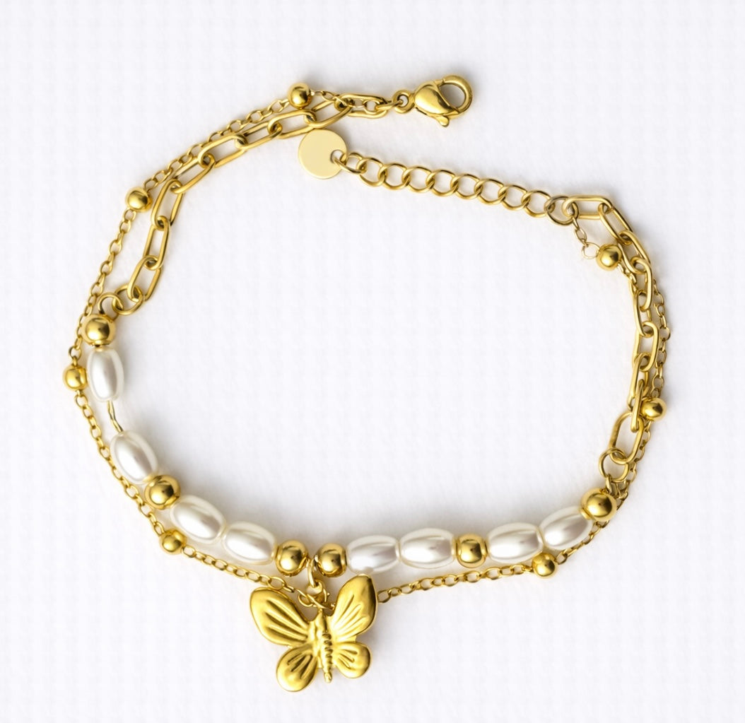 Pearl Butterfly Gold Chain Bracelet