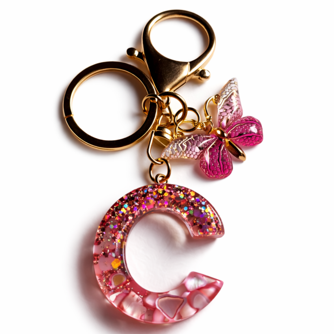Pink Glitter Letter “A-Z” Keychain Charm with Butterfly
