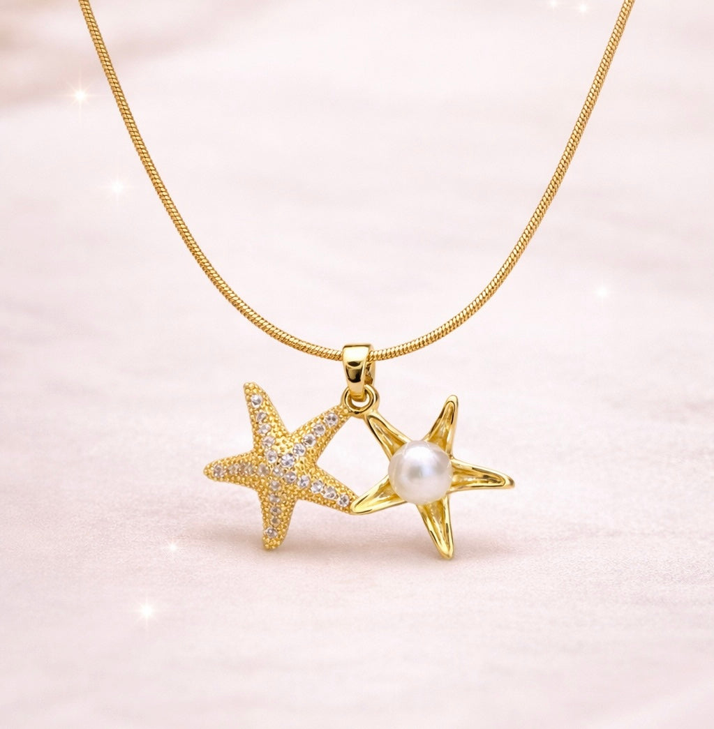 Dual Star Pearl Pendant Necklace