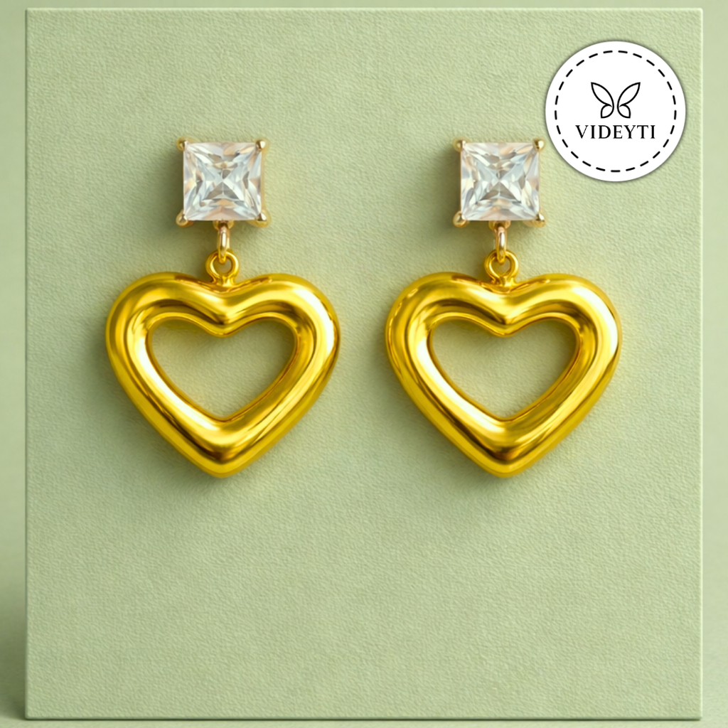 Puffed Heart Gold-Tone Drop Earrings