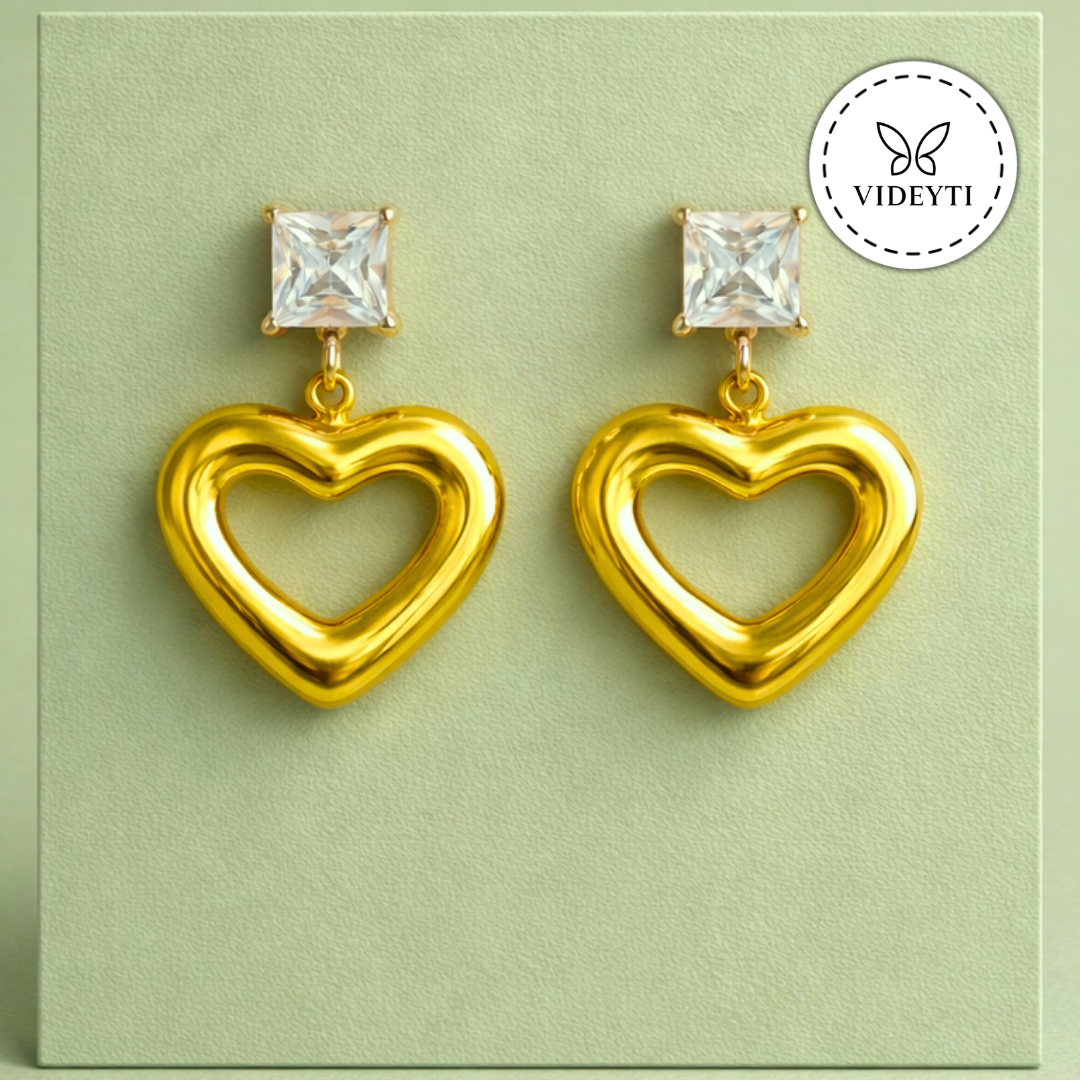 Puffed Heart Gold-Tone Drop Earrings
