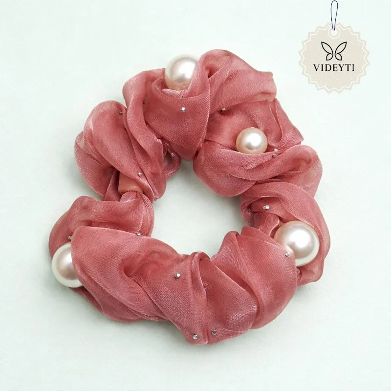 Dusty rose organza scrunchie with pearl accents
