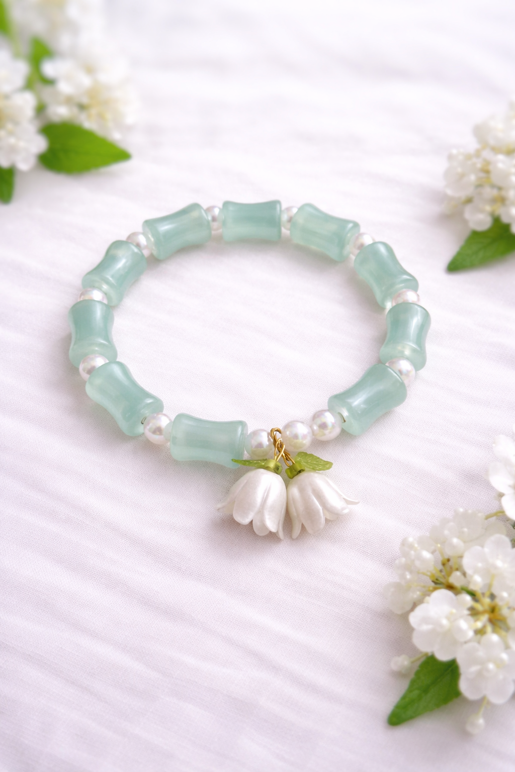 Mint Blossom Charm Beaded Bracelet