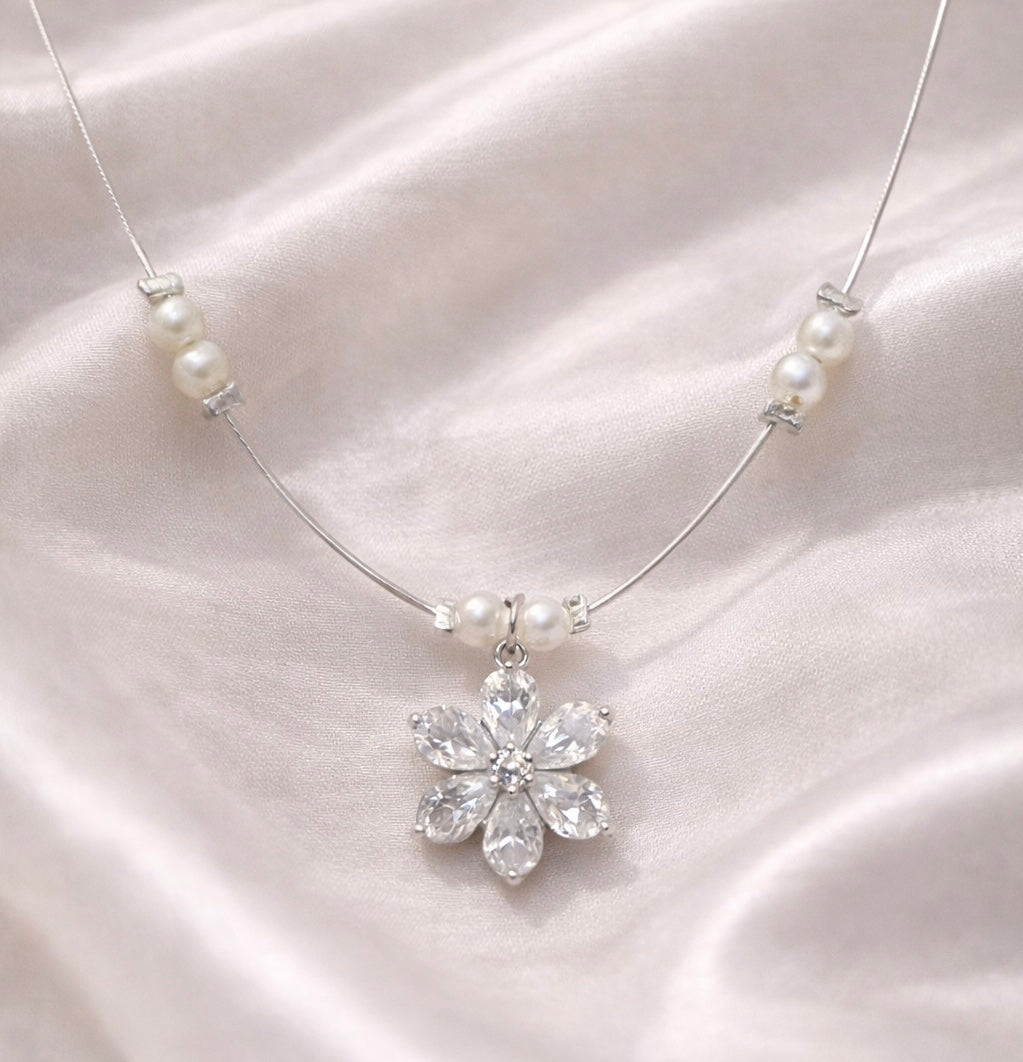 Crystal Blossom Pearl Accent Necklace