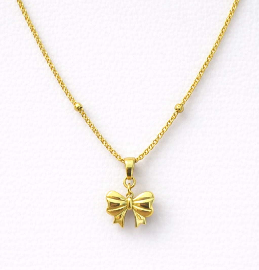 Gold Ribbon Bow Pendant Necklace