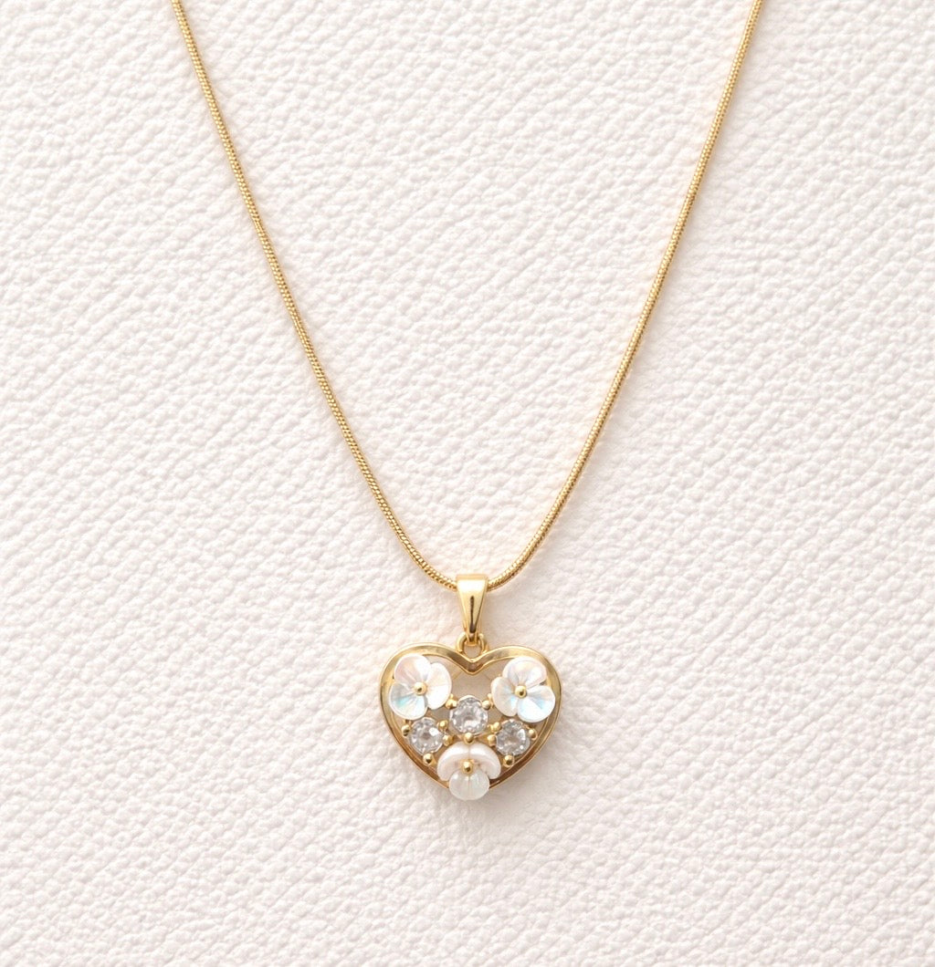 Floral Pearl Crystal Heart Pendant Necklace