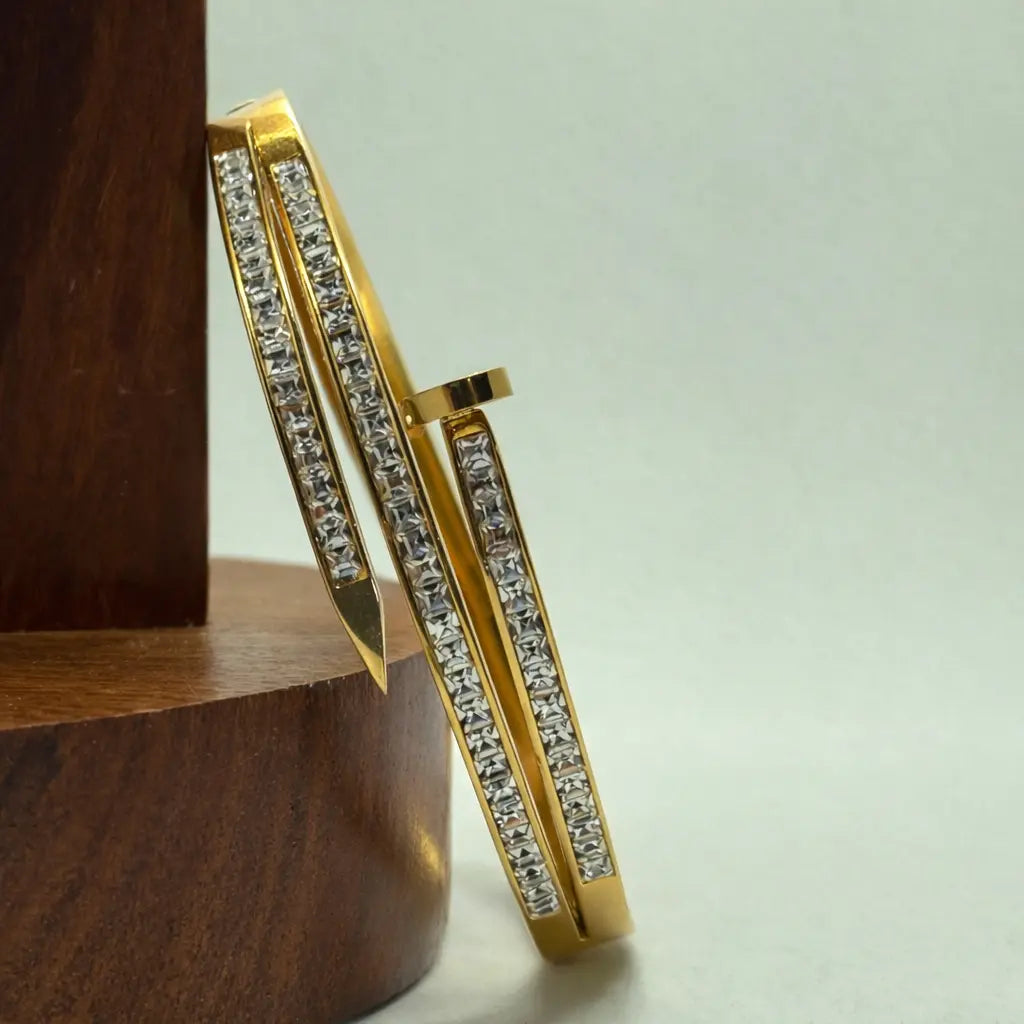 Golden dual crystal line bangle bracelet for women