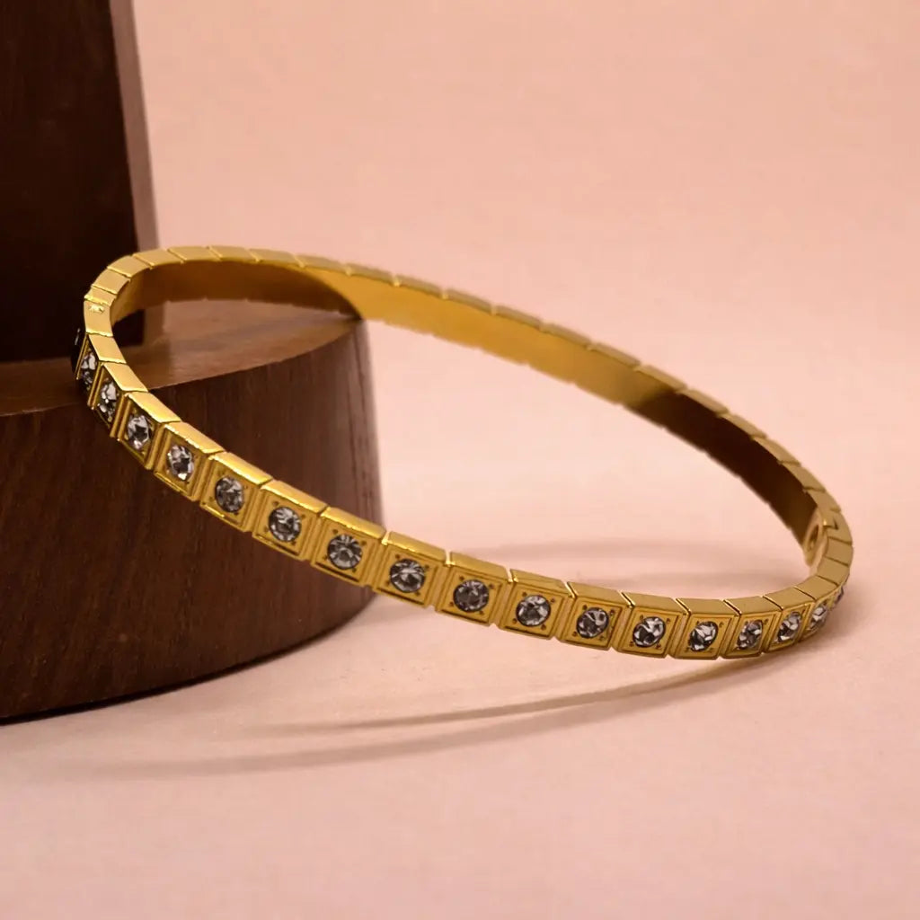 Golden square crystal stud bangle bracelet for women