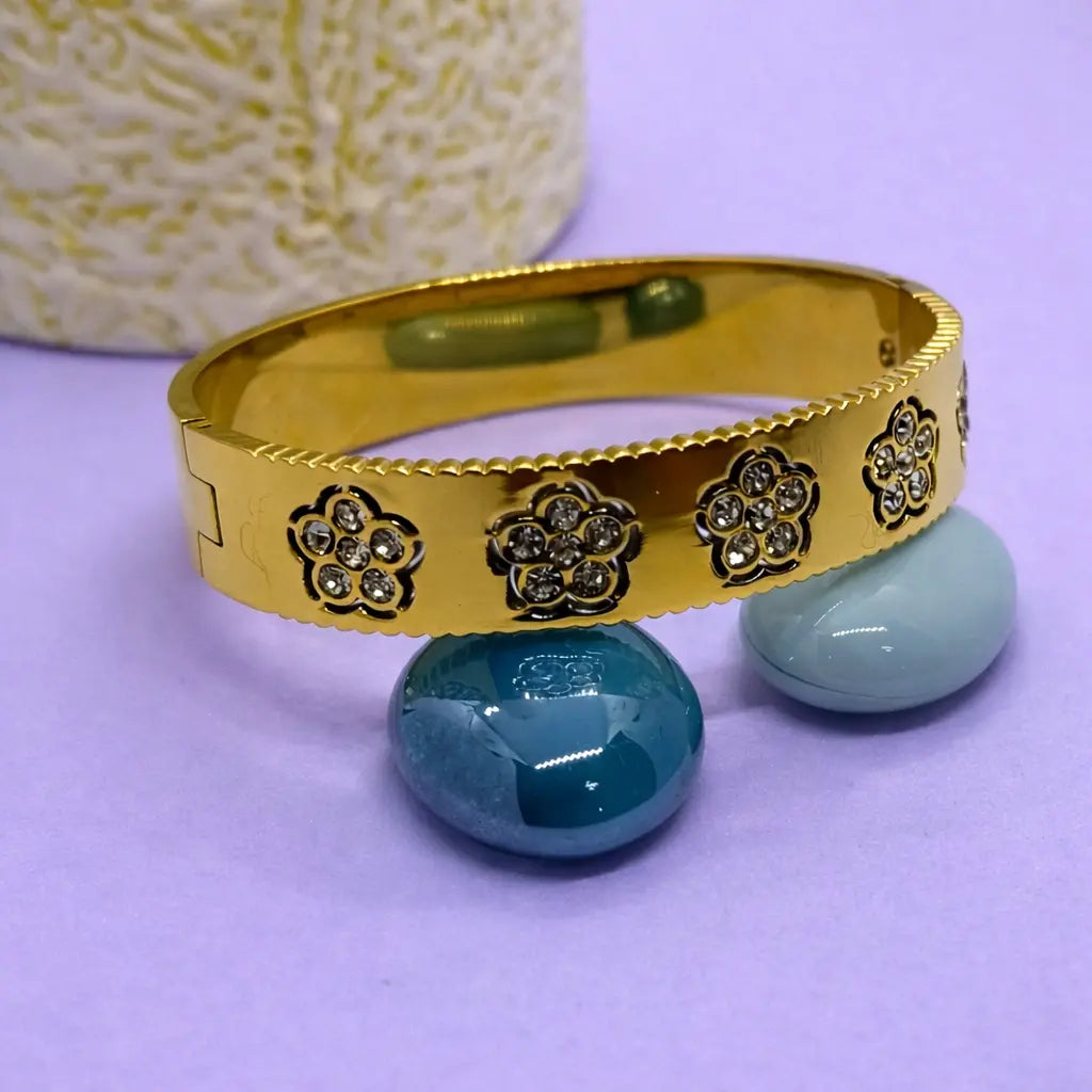 Golden floral crystal bangle bracelet