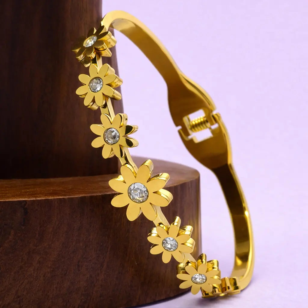 Golden daisy crystal bangle bracelet for women
