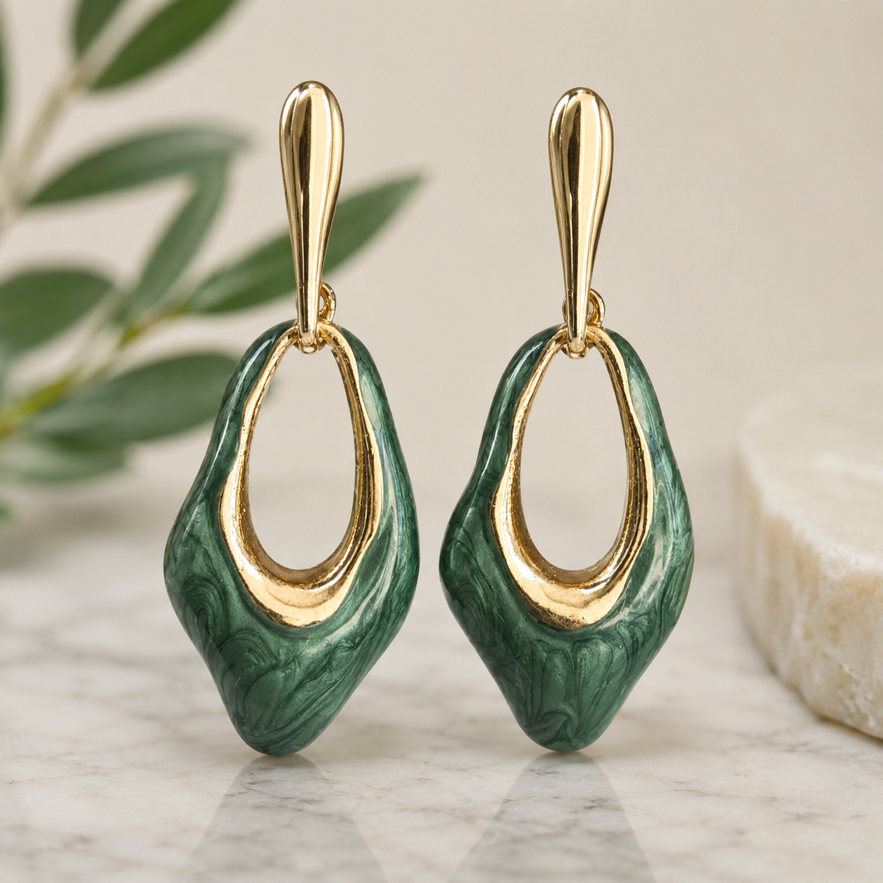 Verdessa Gold-Tone Green Sculpted Drop Earrings