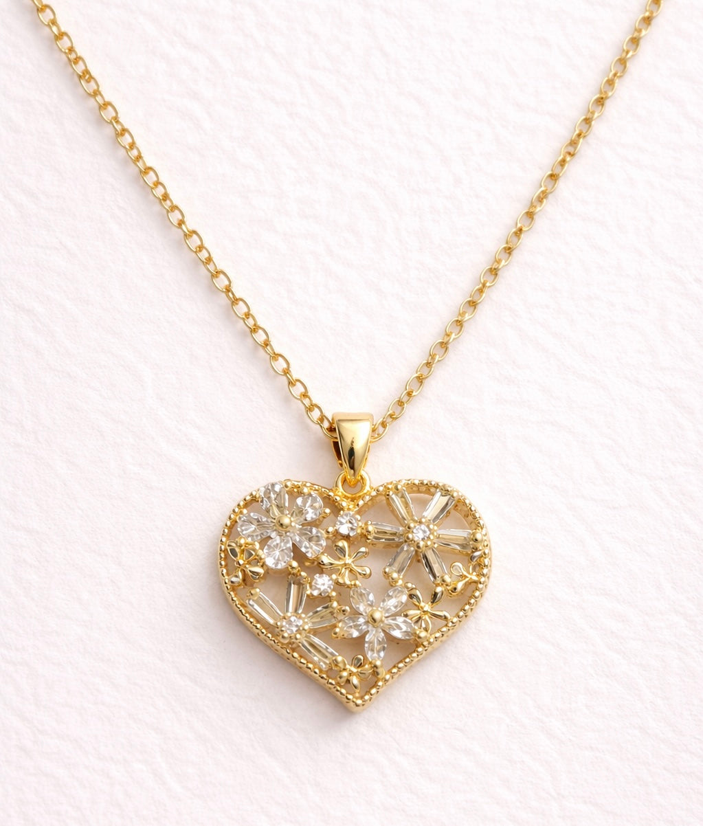 Floral Crystal Gold-Tone Heart Pendant Necklace