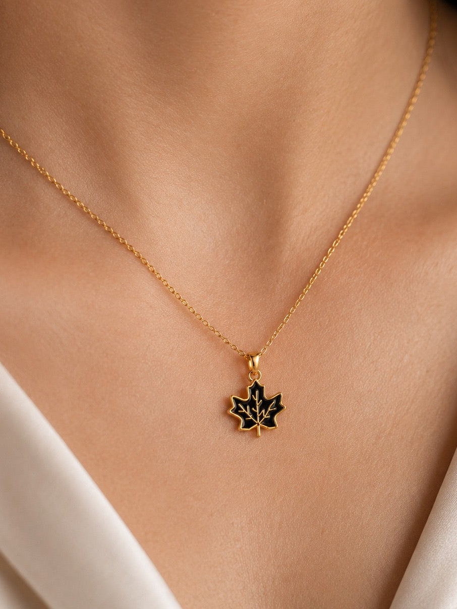Black Enamel Maple Leaf Pendant Necklace