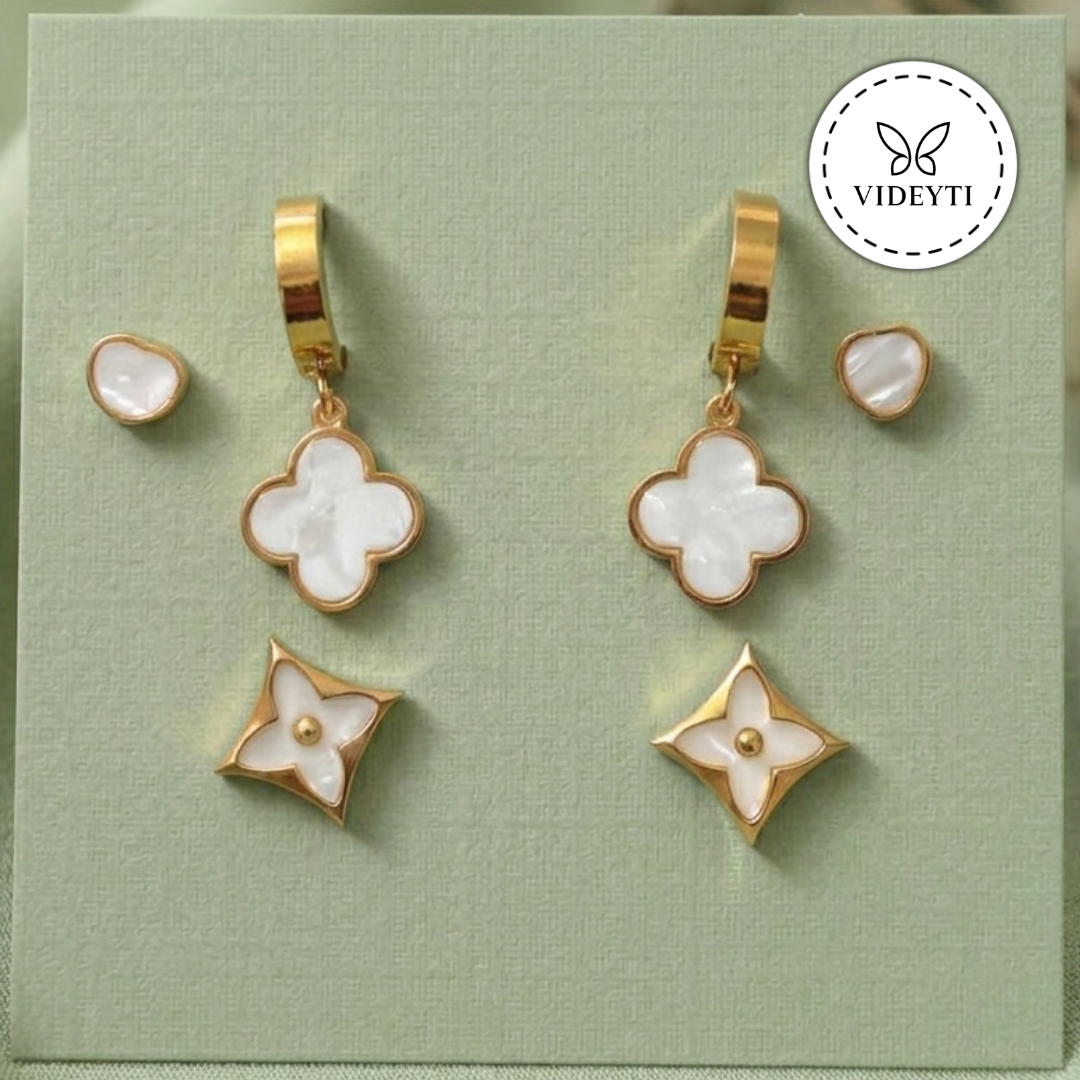 Elegant Gold Clover & Heart Stud Earrings Set with White Inlay