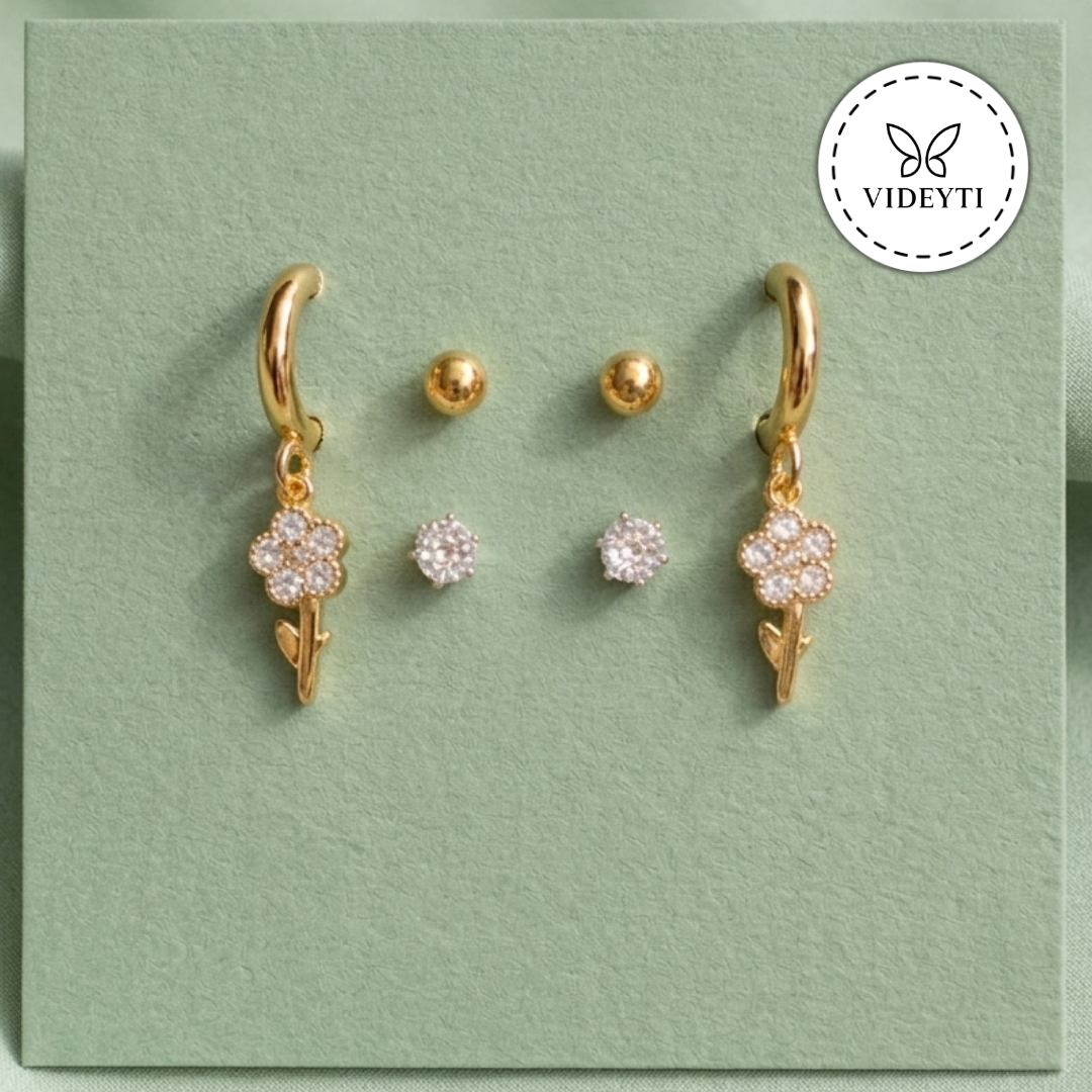 Gold Flower Hoop & Stud Earrings Set – Dainty Sparkle Jewelry