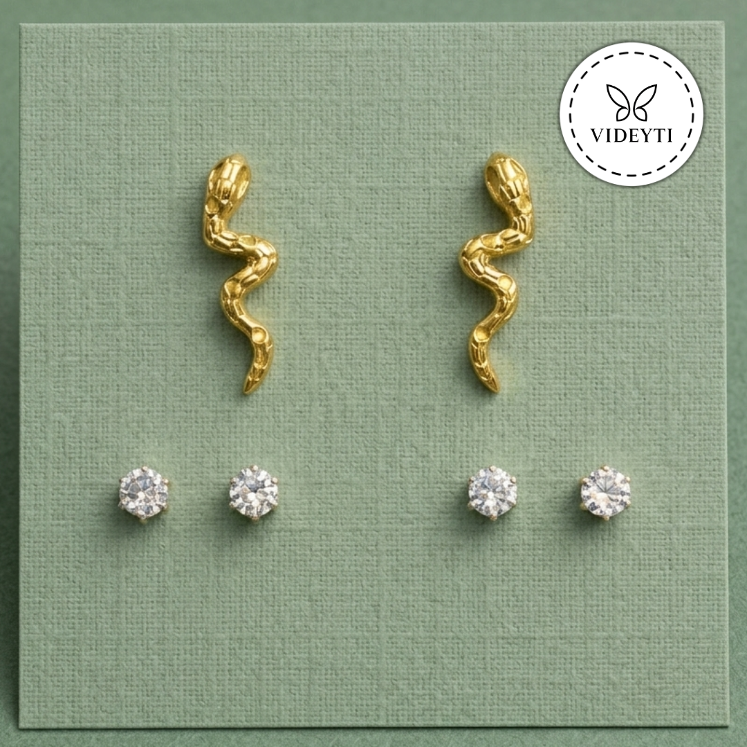 Gold Snake & Crystal Stud Earrings Set – Bold Minimal Statement Jewelry