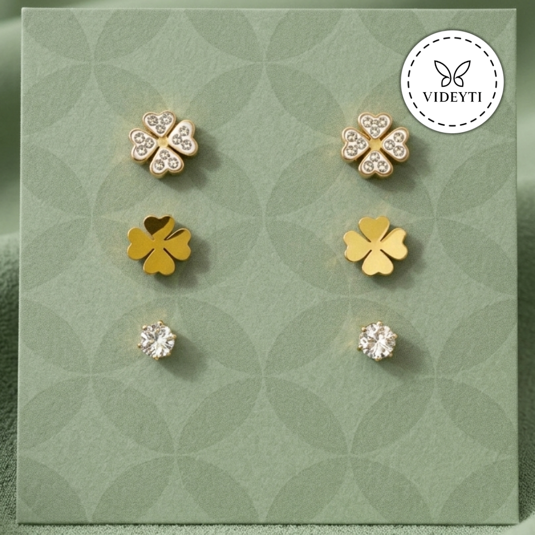 Gold Clover Stud Earrings Set with Crystal Accents – Dainty Lucky Charm Jewelry