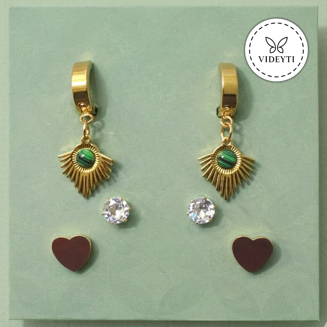 Gold Sunburst & Heart Earrings Set with Green Stone – Elegant Statement Jewelry
