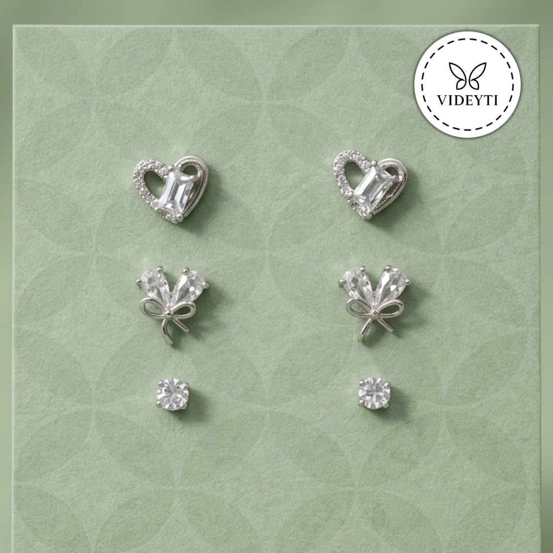 Silver Heart & Bow Crystal Stud Earrings Set – Dainty Feminine Jewelry Trio