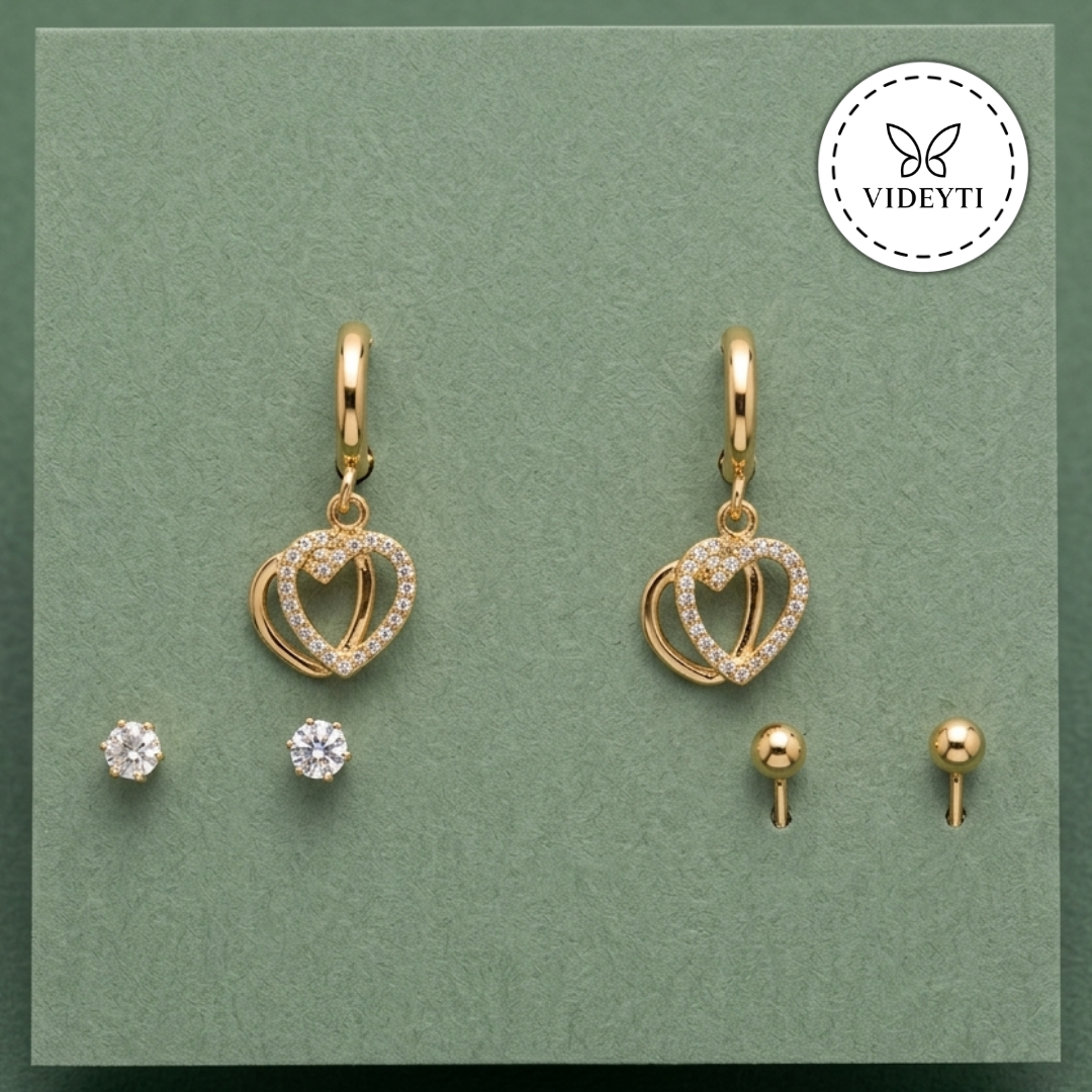 Gold Double Heart Hoop & Stud Earrings Set – Romantic Dainty Jewelry Trio