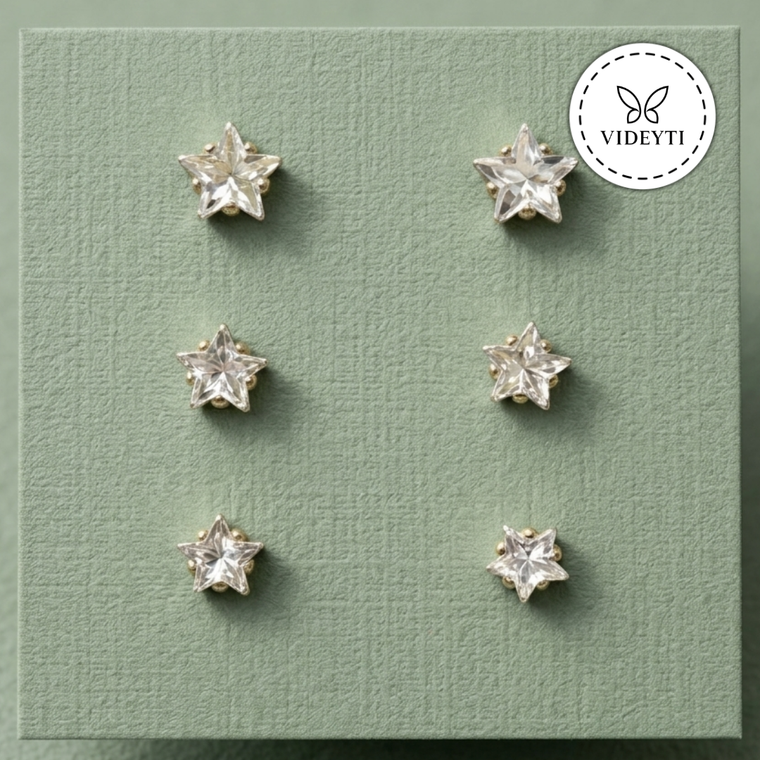 Gold Star Crystal Stud Earrings Set – Dainty Minimal Sparkle Trio