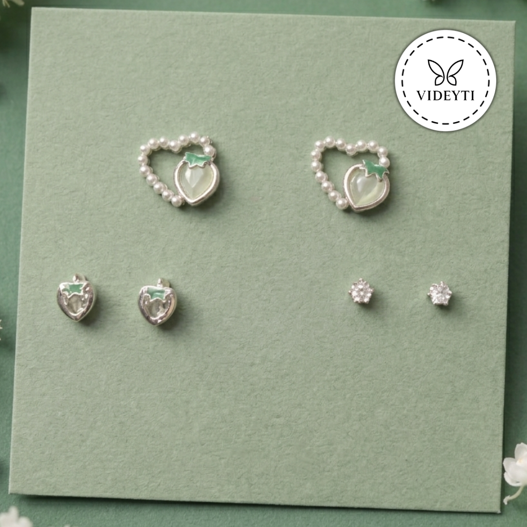 Pearl Heart & Strawberry Stud Earrings Set – Cute Feminine Jewelry Trio