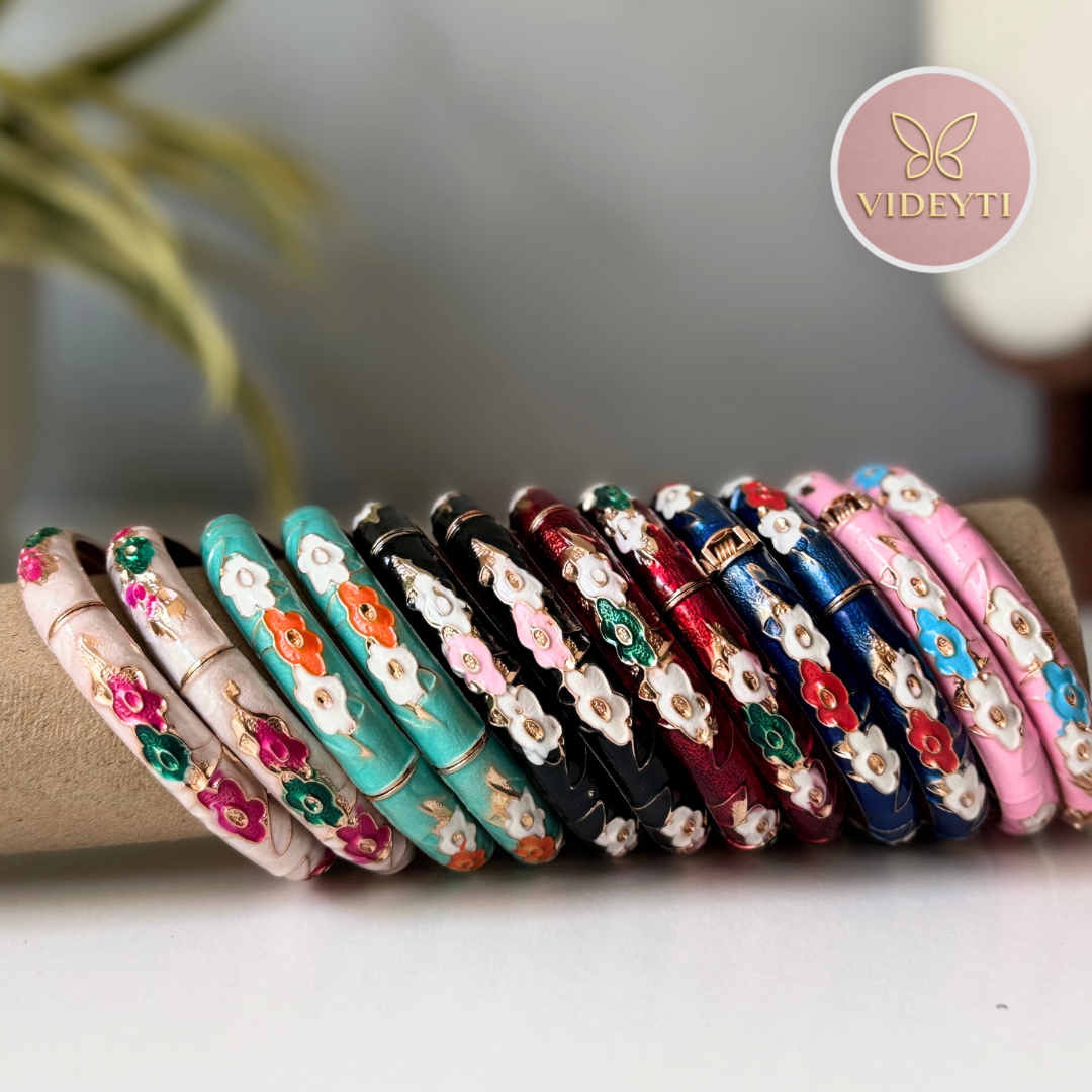 Enamel Floral Bangle Set – Gold Accent Elegant Bracelets