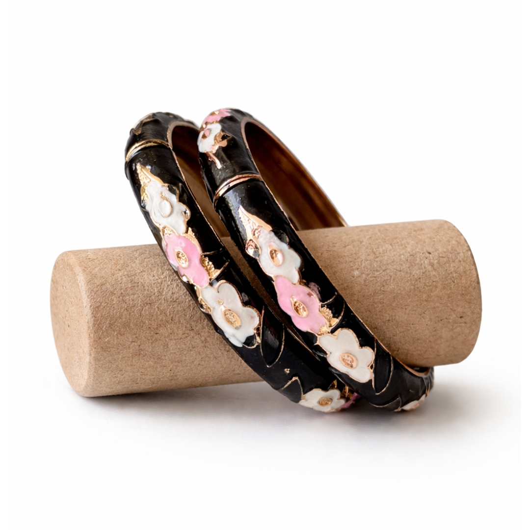 Enamel Floral Bangle Set – Gold Accent Elegant Bracelets