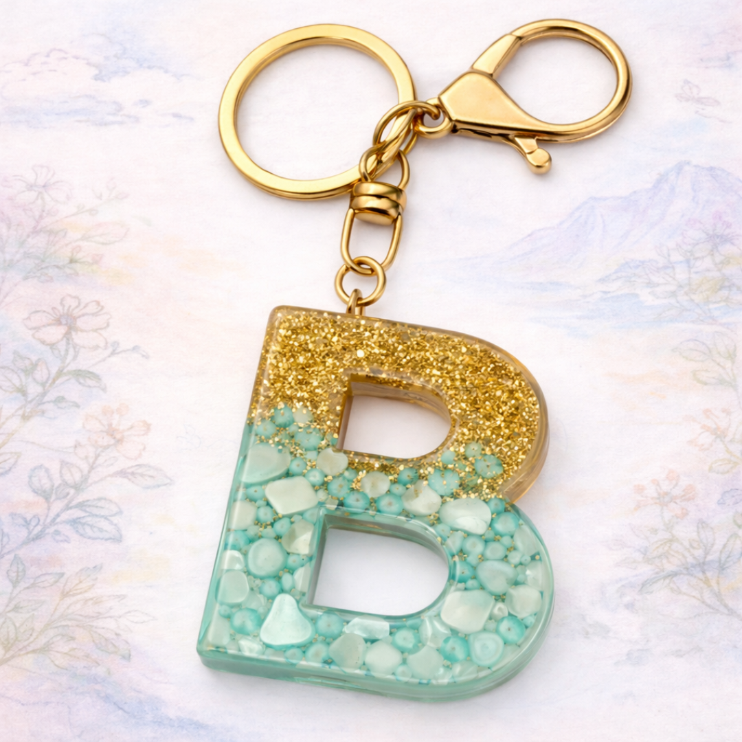 Gold & Turquoise Resin Initial Keychain – Letter Charm