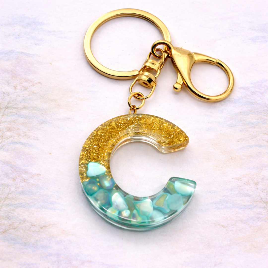 Gold & Turquoise Resin Initial Keychain – Letter Charm