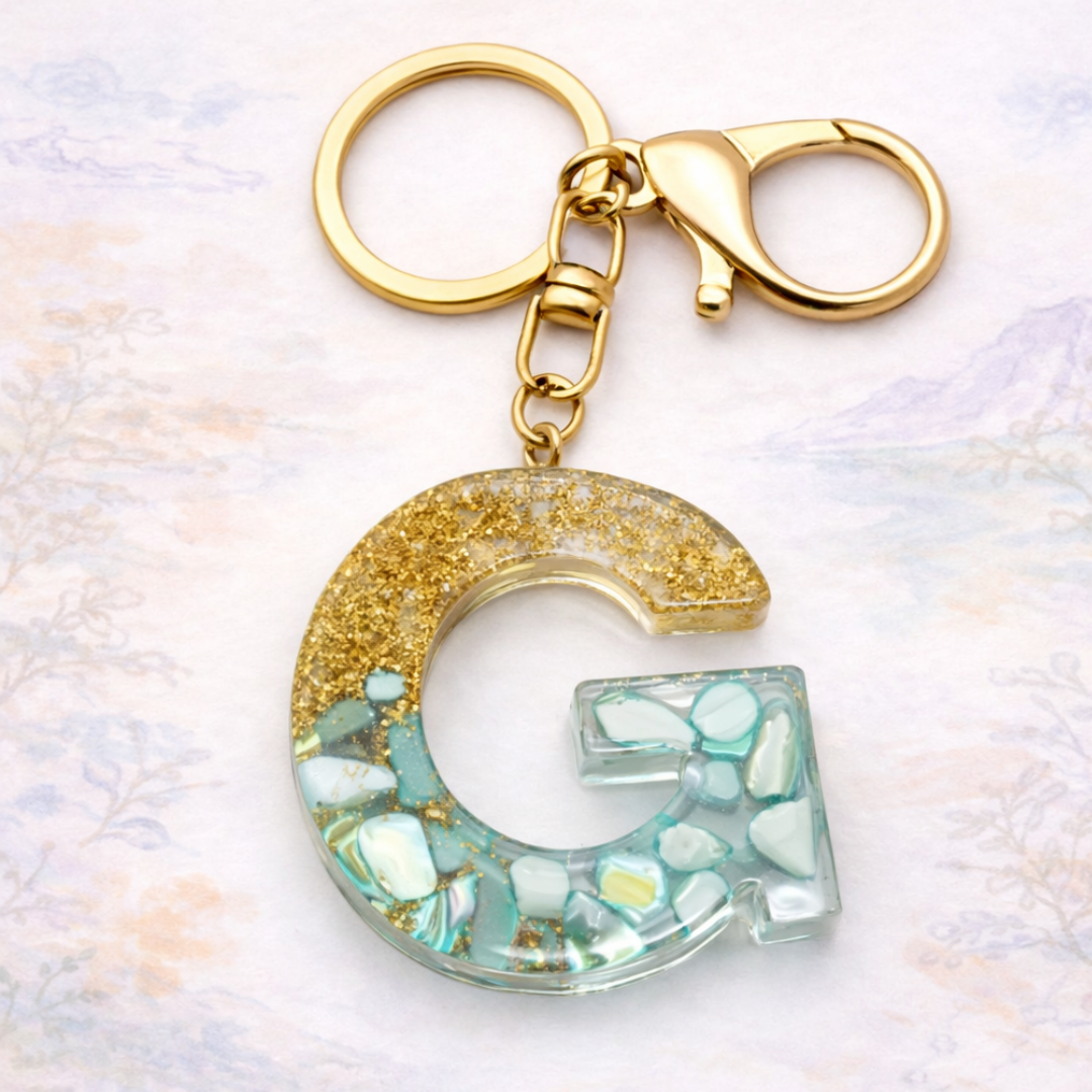 Gold & Turquoise Resin Initial Keychain – Letter Charm