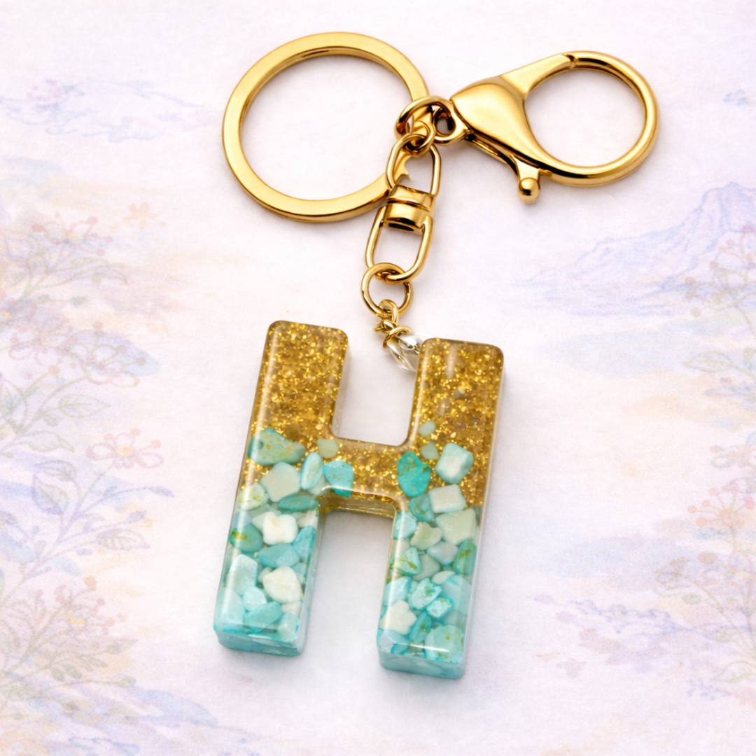 Gold & Turquoise Resin Initial Keychain – Letter Charm