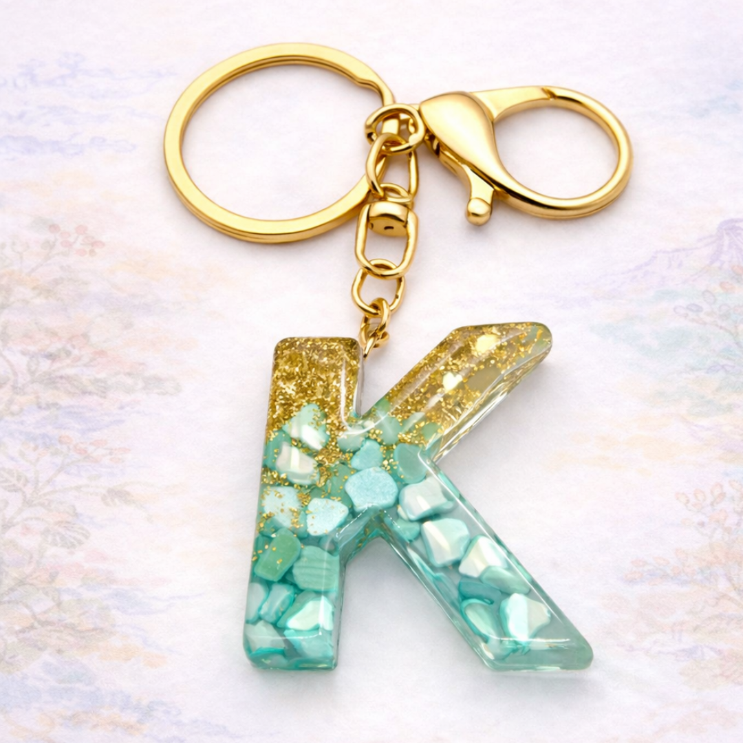 Gold & Turquoise Resin Initial Keychain – Letter Charm