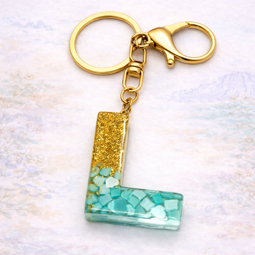 Gold & Turquoise Resin Initial Keychain – Letter Charm