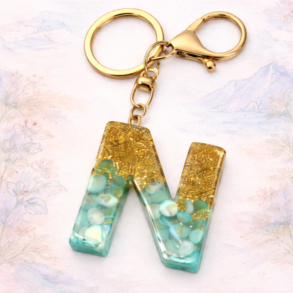 Gold & Turquoise Resin Initial Keychain – Letter Charm