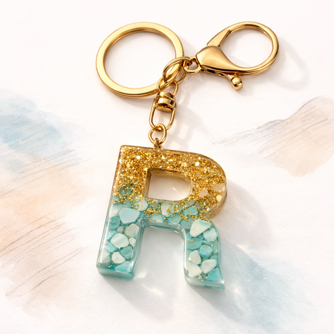 Gold & Turquoise Resin Initial Keychain – Letter Charm