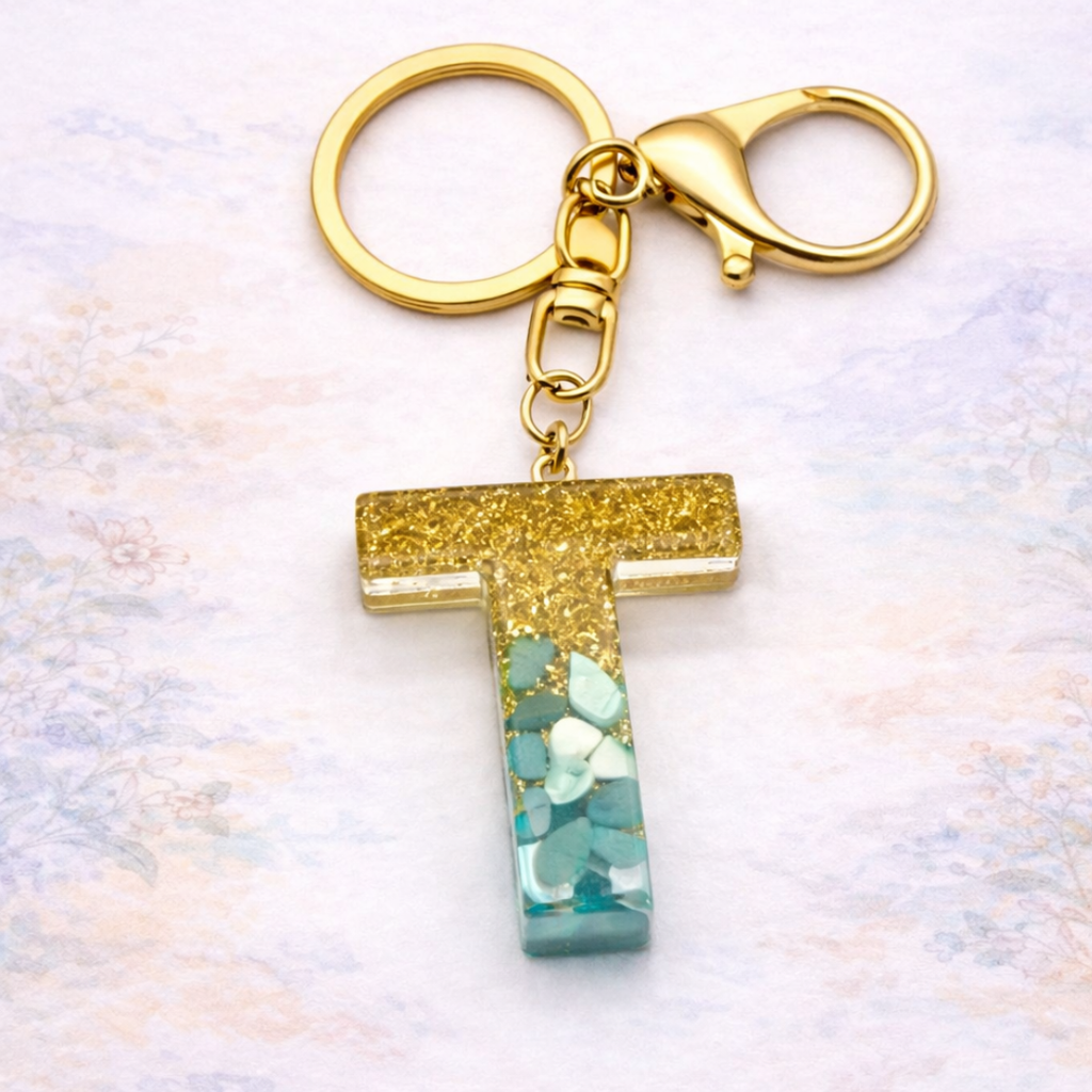 Gold & Turquoise Resin Initial Keychain – Letter Charm