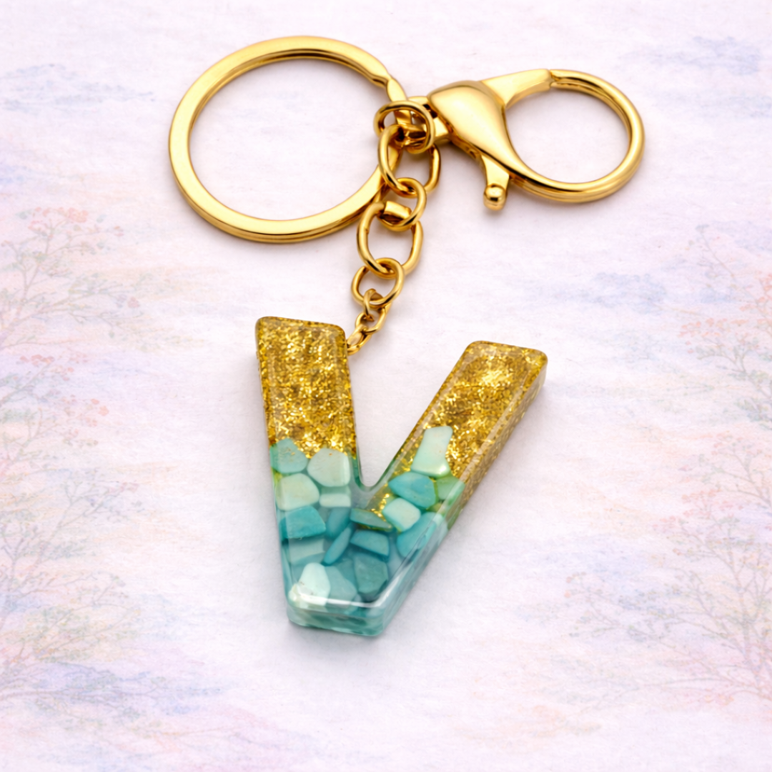 Gold & Turquoise Resin Initial Keychain – Letter Charm