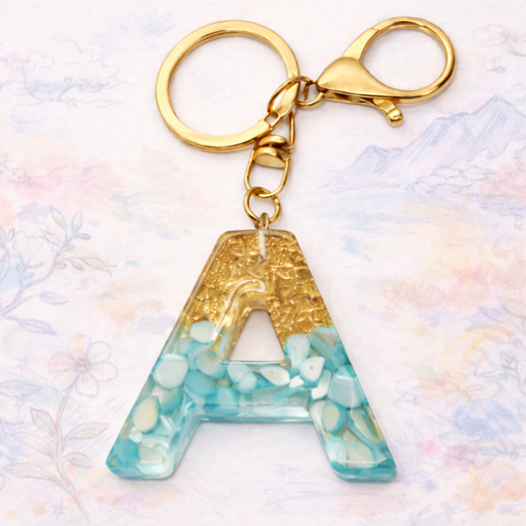 Gold & Turquoise Resin Initial Keychain – Letter Charm