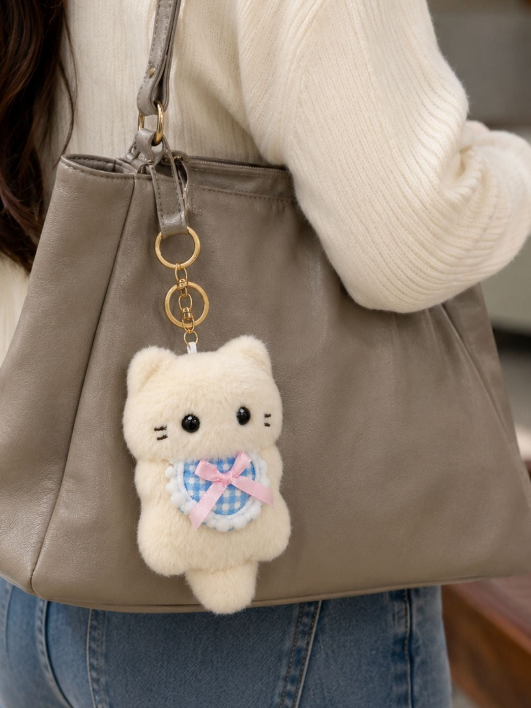 Cute White Cat Plush Bag Charm Keychain